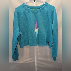 Aviator Nation Teal Sweater with Rainbow Lightning Bolt